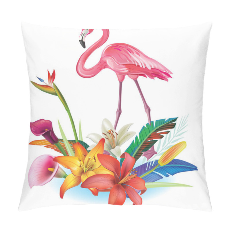 Personality  Arrangement From Tropical Flowers, Leaves And Flamingoes Pillow Covers