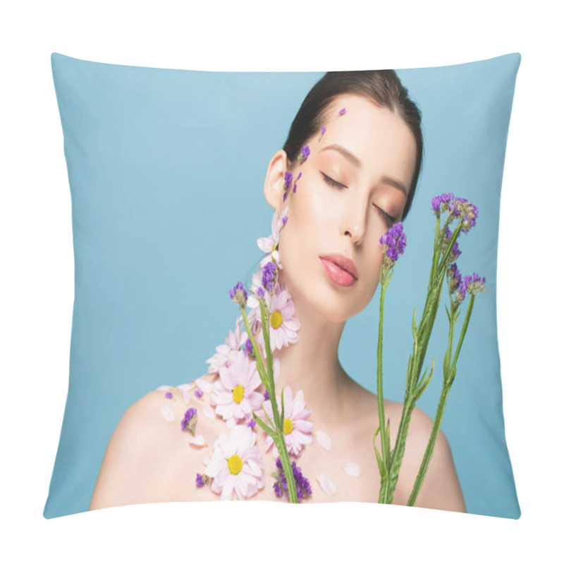 Personality  Naked Young Woman With Closed Eyes Near Blooming Flowers Isolated On Blue  Pillow Covers