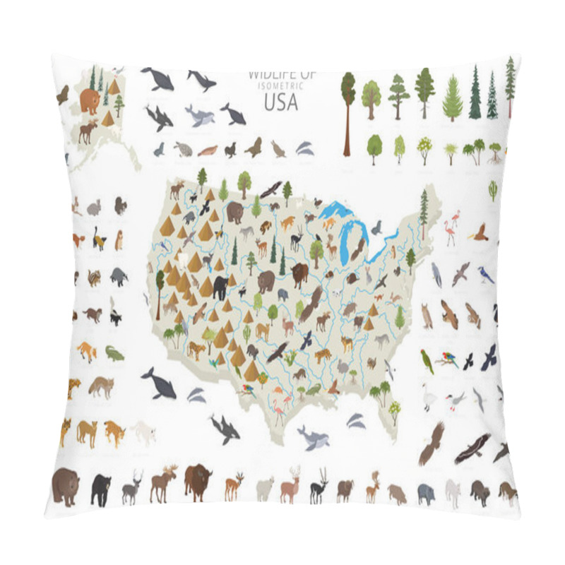 Personality  Isometric 3d Of USA Wildlife. Animals, Birds And Plants Constructor Elements Isolated On White Set. Build Your Own Geography Infographics Collection. Vector Illustration Pillow Covers