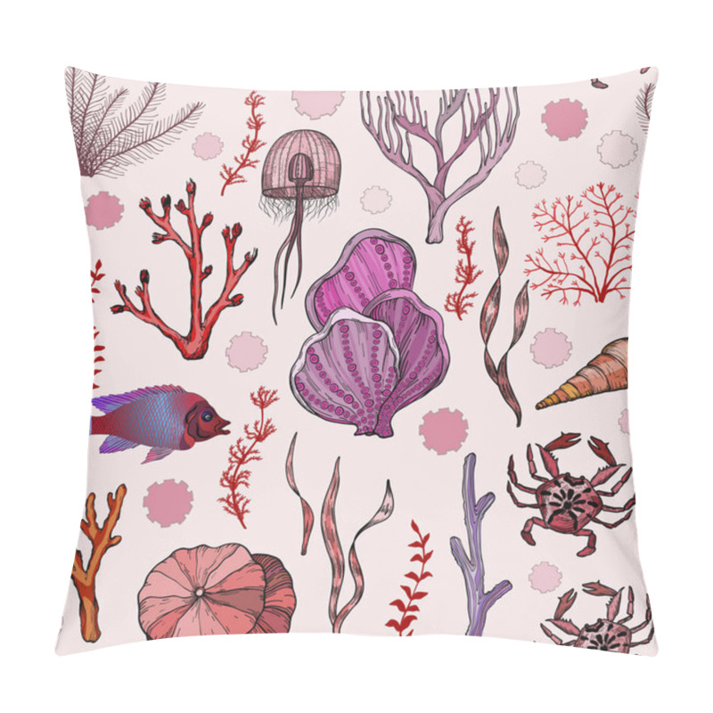 Personality  Seamless Pattern With Marine Hand Drawn Corals And Living Organisms. Pillow Covers