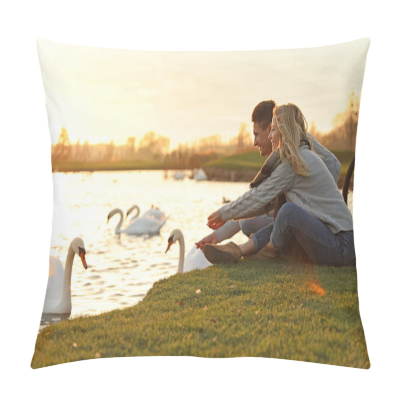 Personality  Young Couple Near Lake With Swans At Sunset. Perfect Place For Picnic Pillow Covers