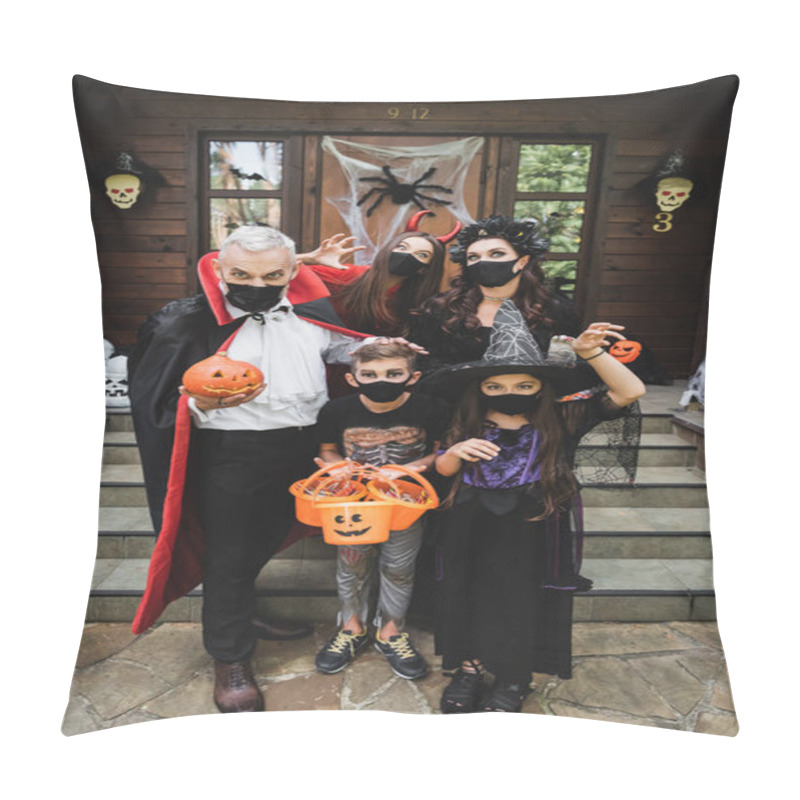 Personality  Family In Black Medical Masks And Scary Costumes Holding Buckets With Sweets And Carved Pumpkin Near Cottage Pillow Covers