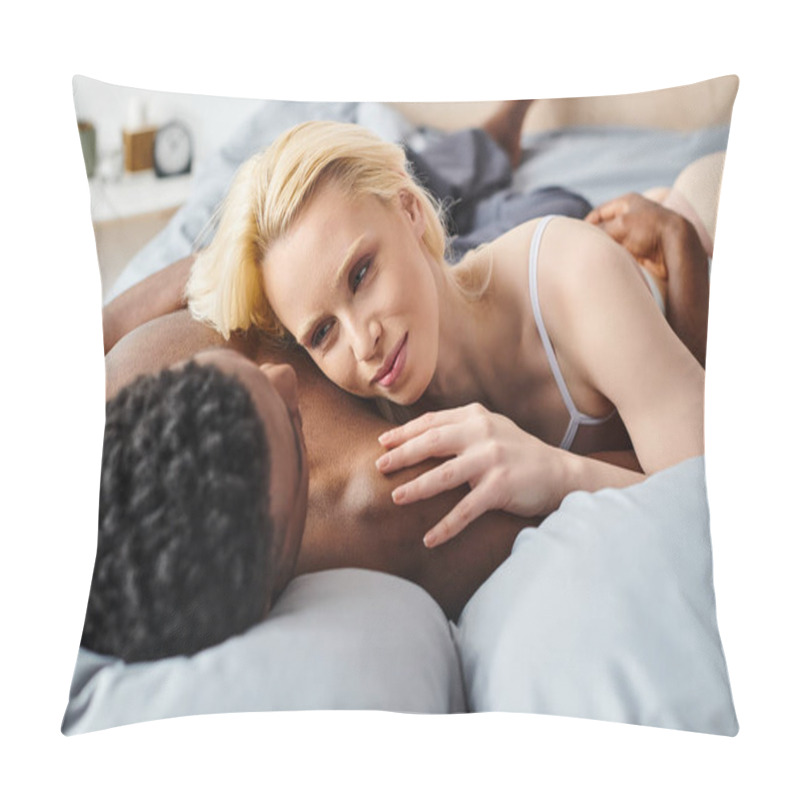 Personality  A Sexy, Multicultural Boyfriend And Girlfriend Laying On A Bed, Intertwined In An Intimate Embrace. Pillow Covers