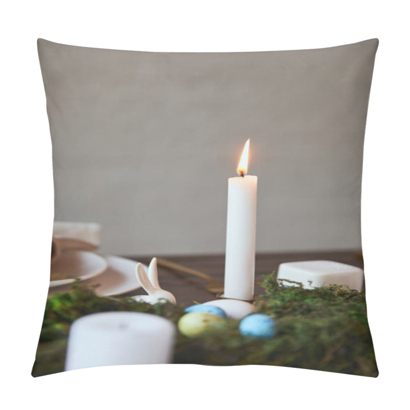 Personality  Selective Focus Of Burning Candle And Plates Near Moss On Wooden Table At Home Pillow Covers