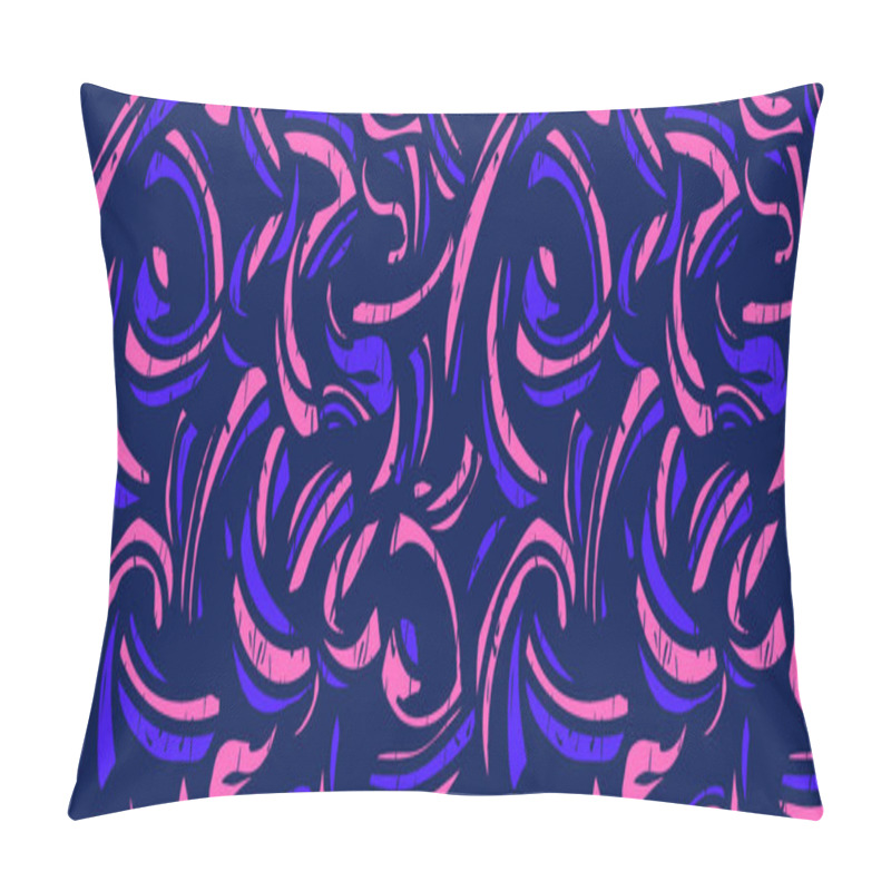 Personality  Abstract Organic Shapes Seamless Pattern On A Black Background. Vector Hand Drawing Blue And Pink Curved Shape And Bold Wavy Lines. Colorful Contemporary Minimalist Print. Plain Dynamic Ornament Pillow Covers