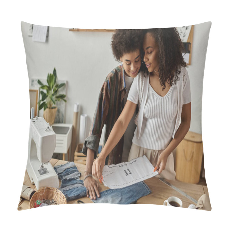 Personality  Couple Joyfully Transforming Old Garments Into Stylish New Pieces. Pillow Covers