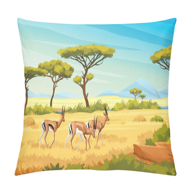 Personality  African Savannah Landscape With Wild Roe Young Deers, Nature Of Africa, Cartoon Background. Vector Green Trees, Rocks And Plain Grassland Field Under Blue Clear Sky. Kenya Panoramic View Pillow Covers