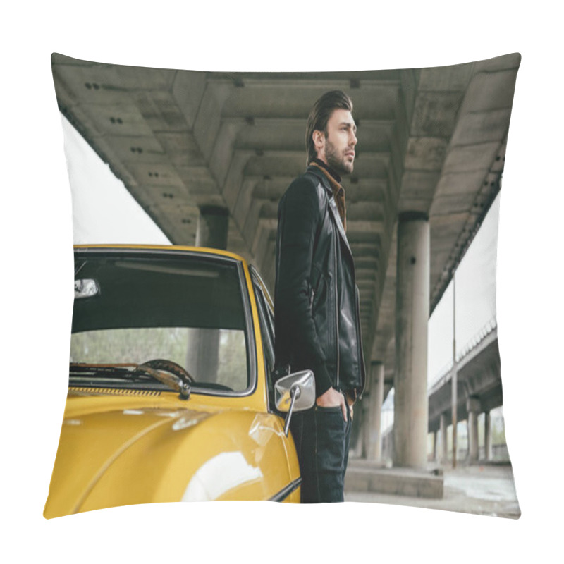 Personality  Side View Of Stylish Man Standing Near Yellow Retro Car And Looking Away Pillow Covers