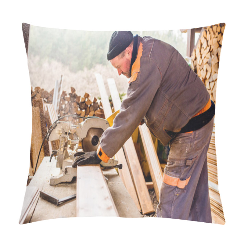 Personality  Carpenter Working. Man Cutting Plank By Circular Saw. Pillow Covers