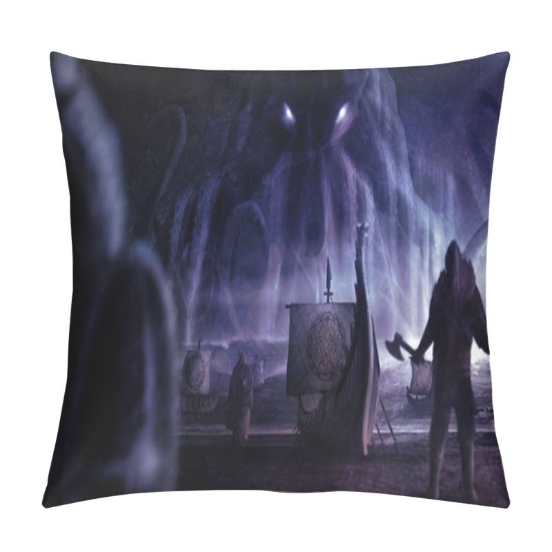 Personality  A Giant Monster With Glowing Eyes Attacking Viking Dragon Boats In The Sea. A Horror Fantasy Landscape With Brave Scandinavian Warriors And A Emerging From The Water Kraken With Long Tentacles.  Pillow Covers