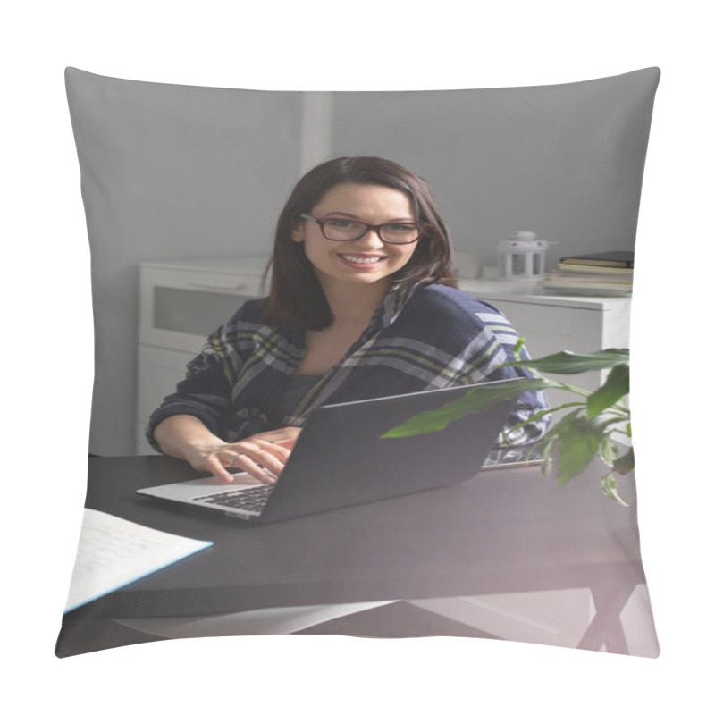 Personality  Smiling Young Woman Freelancer Using Her Laptop For Studying And Working Online From Home Enjoying Comfortable Telework From Home Office. Self-employment And Freelance Concept Pillow Covers