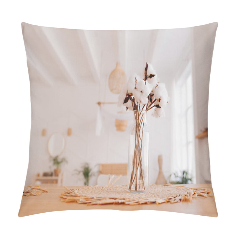 Personality  Dry Flower Bouquet Cotton In High Glass Vase On Wicker Napkin And White Light Minimalistic Apartment Interior On Background, Selective Focus Pillow Covers