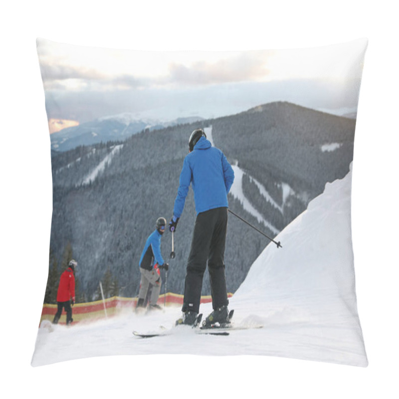 Personality  People Skiing On Snowy Hill In Mountains. Winter Vacation Pillow Covers