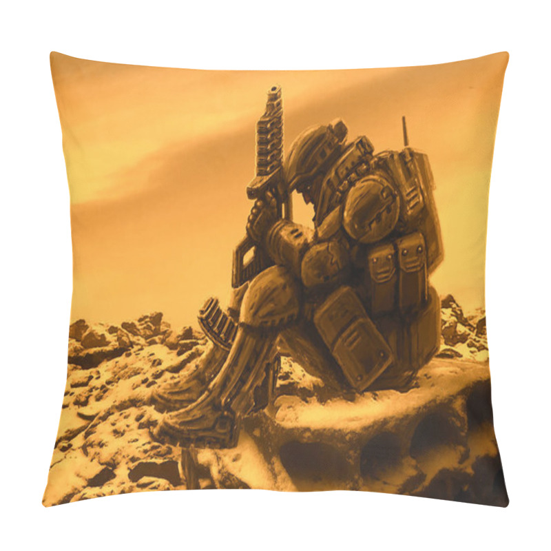 Personality  Space Soldier Awaits Evacuation With A Spaceship. Orange Background. Pillow Covers