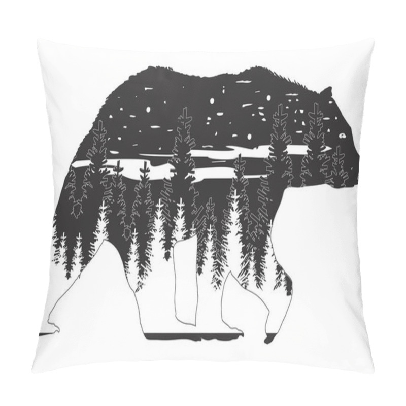 Personality  Silhouette Of A Bear. Inside A Pine Forest With A Mountains, Road And Moon. Pillow Covers