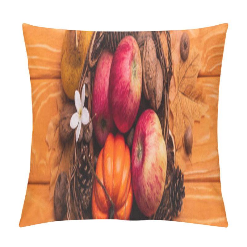 Personality  Top View Of Wicker Basket With Autumnal Harvest On Wooden Background, Panoramic Shot Pillow Covers