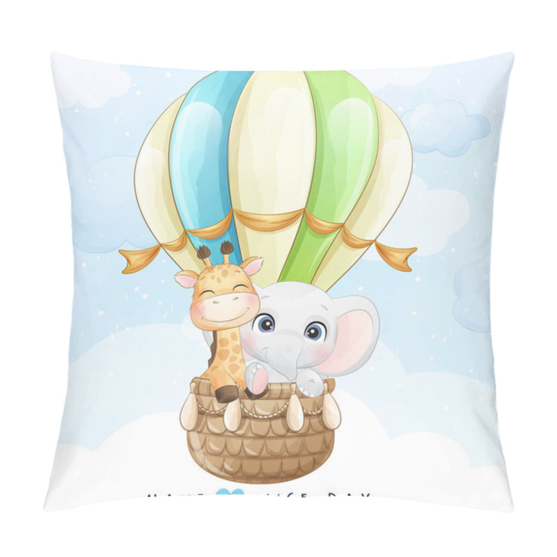 Personality  Cute Little Giraffe And Elephant Flying With Air Balloon Illustration Pillow Covers