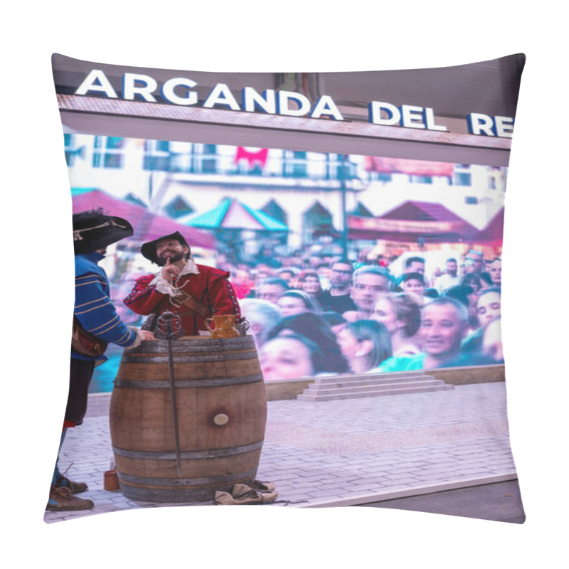 Personality  January 25, 2025; Madrid; Spain: Two Individuals Dressed In Historical Costumes Engage In Conversation At A Themed Event, With A Large Crowd And A Medieval Backdrop. Pillow Covers