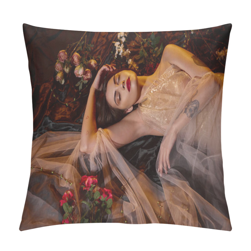 Personality  Charming Tattooed Young Woman In Romantic Transparent Dress Lying Among Blooming Flowers Pillow Covers