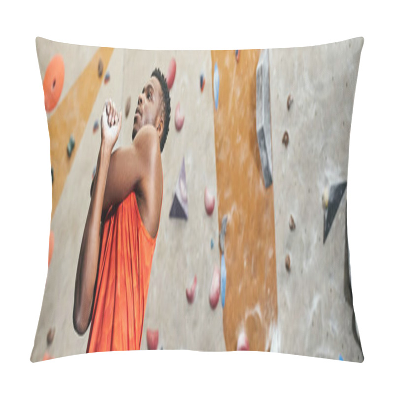 Personality  Sporty African American Man In Orange Shirt Warming Up With Rock Climbing Wall Backdrop, Banner Pillow Covers