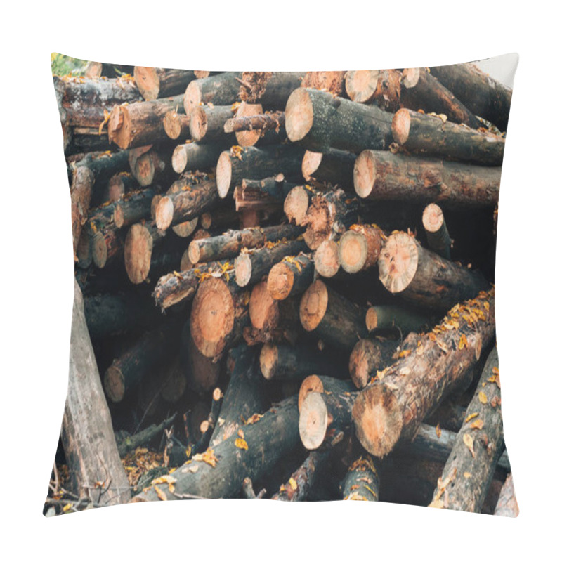 Personality  Close Up Of Stacked Wooden Logs In Autumn Forest Pillow Covers