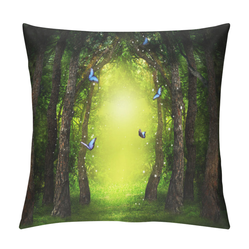 Personality  Fantasy World. Enchanted Forest With Magic Lights, Beautiful Butterflies And Way Between Trees Pillow Covers