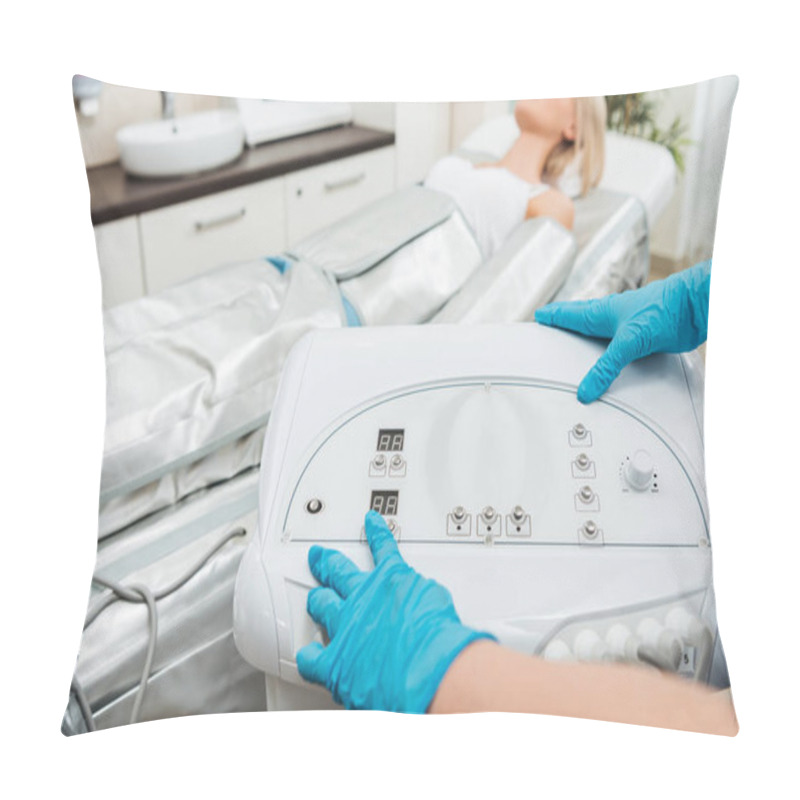 Personality  Cropped View Of Cosmetologist Setting Up Machine For Pressotherapy Pillow Covers