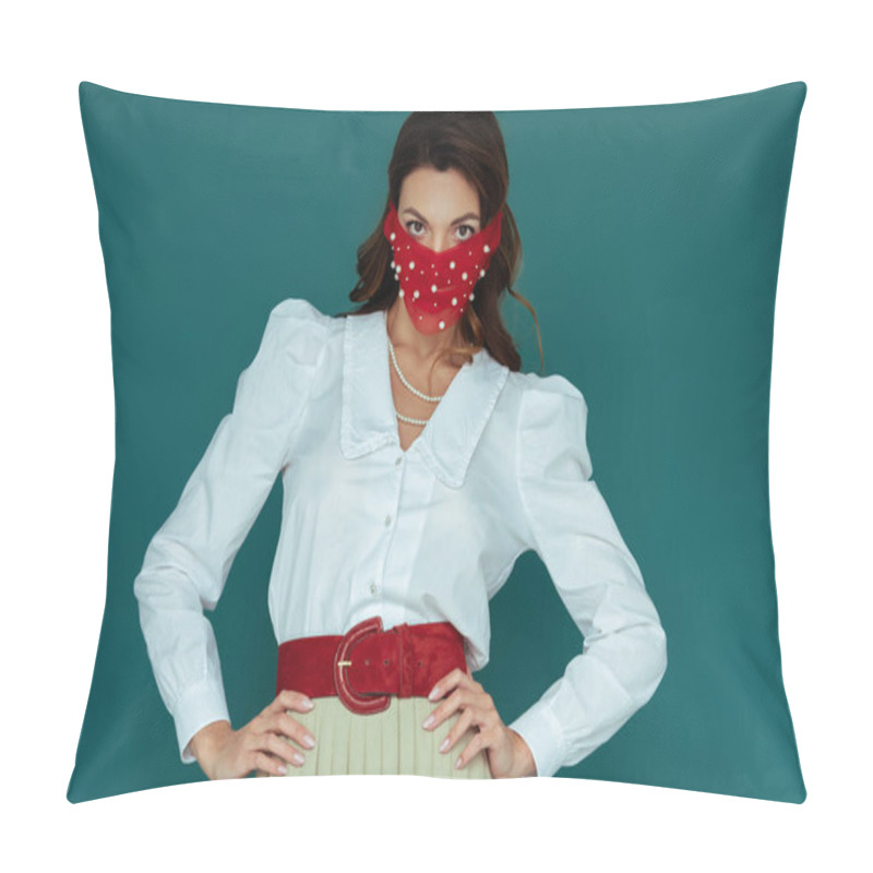 Personality  Trendy Woman In Red Mask Standing With Hands On Hips Isolated On Blue  Pillow Covers