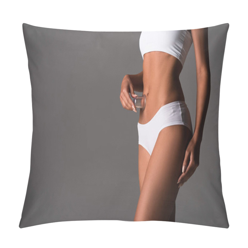 Personality  Cropped View Of Sexy Woman In White Panties Doing Massage With Vacuum Massage Jar Isolated On Grey Pillow Covers