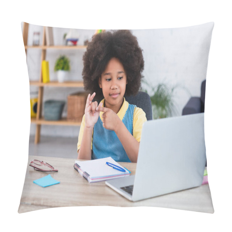 Personality  African American Girl Counting On Fingers Near Laptop And Stationery On Table  Pillow Covers