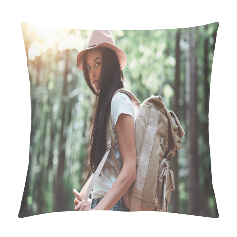 Personality  Handsome Traveler Woman With Backpack And Hat Standing In Forest. Young Hipster Girl Walking Among Trees On Sunset Pillow Covers