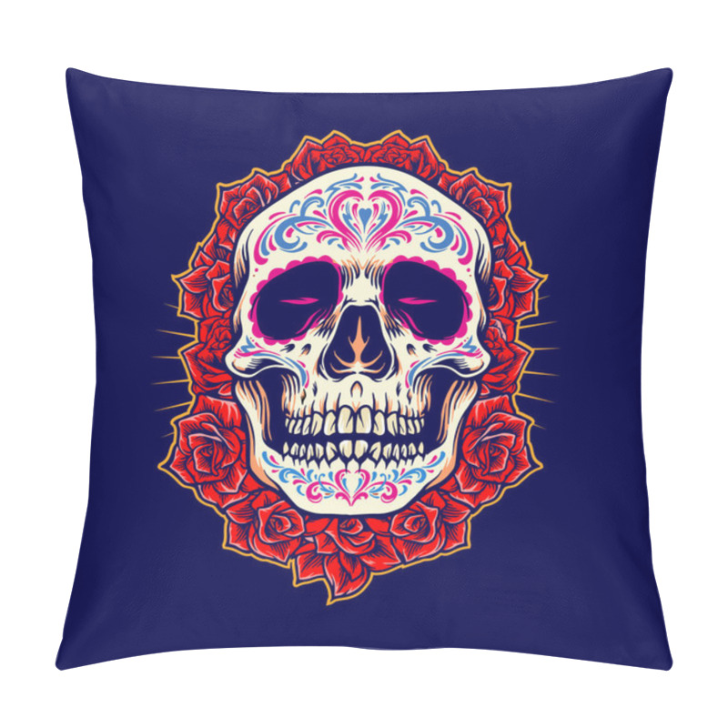 Personality  Mexican Skull Logo Mascot With Roses Illustrations For Merchandise Band And Clothing Line Pillow Covers