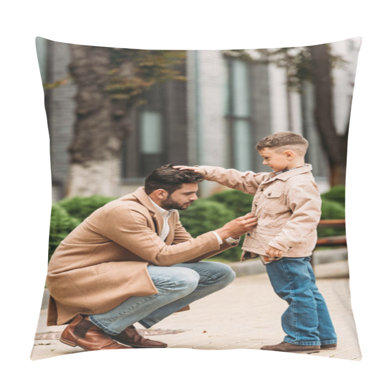 Personality  Side View Of Dad In Coat And Son In Jacket On Street In Autumn Day Pillow Covers