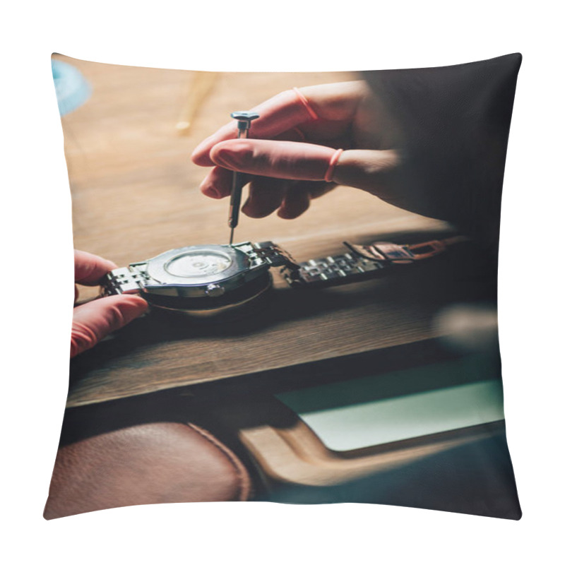 Personality  Selective Focus Of Clockmaker Repairing Wristwatch With Screwdriver At Table Pillow Covers