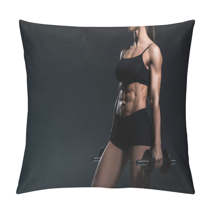 Personality  Cropped View Of Muscular Sportswoman Training With Dumbbells, Isolated On Grey Pillow Covers