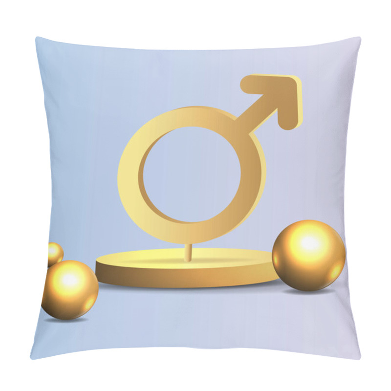 Personality  3d Golden Realistic Gender Man Symbol, With Flying Geometric Figures Creative Design Of Male Metallic Sign. Vector Illustration Pillow Covers