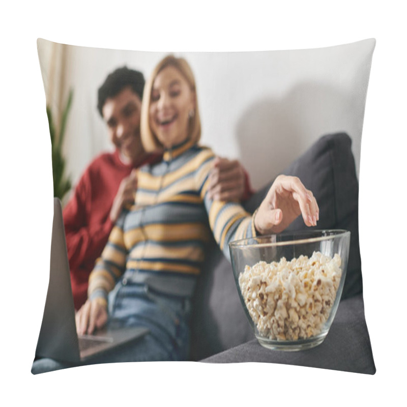 Personality  A Happy, Multicultural Couple Relaxes On A Couch In A Modern Apartment, Enjoying A Movie Night Together. Pillow Covers