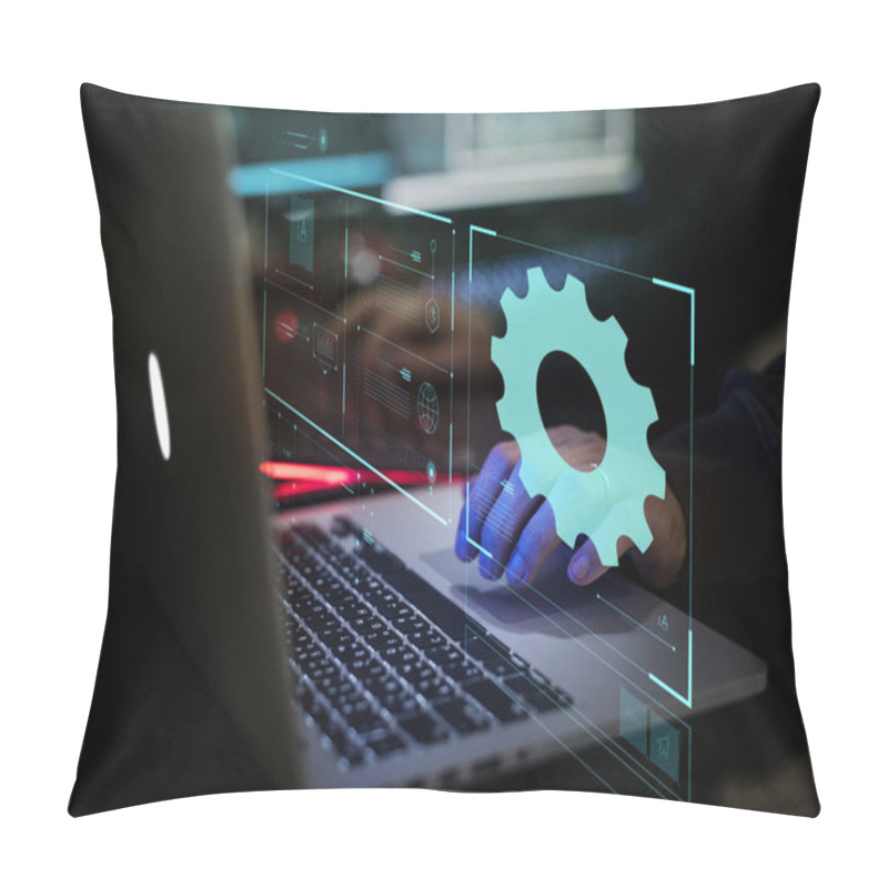 Personality  Partial View Of Hand On Laptop Touchpad, Ultraviolet Neon Settings Icon Pillow Covers