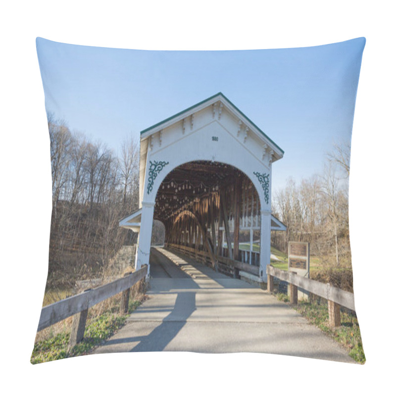 Personality  American Covered Wood Bridge On A Sunny Winter Day With Blue Sky Pillow Covers