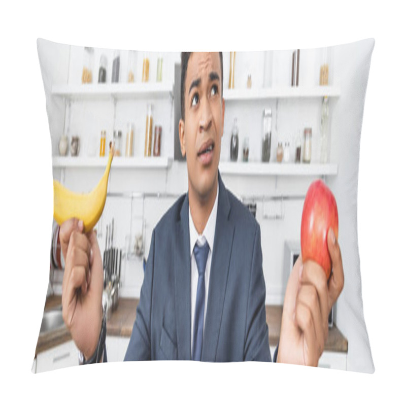 Personality  Puzzled African American Businessman Choosing Between Apple And Banana, Banner Pillow Covers