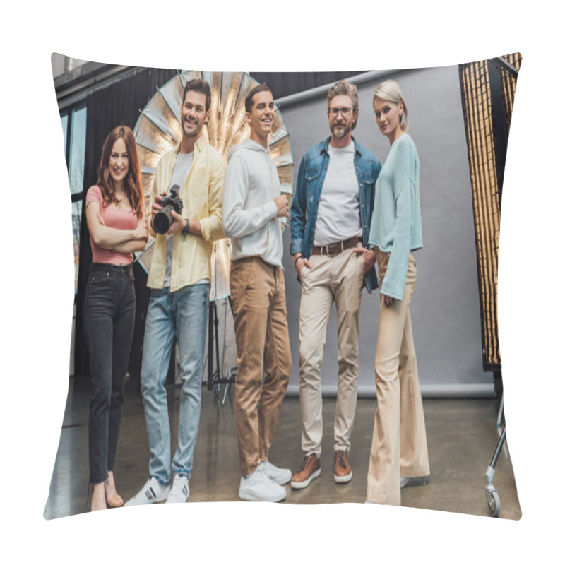 Personality  Positive Team Smiling While Looking At Camera In Photo Studio  Pillow Covers