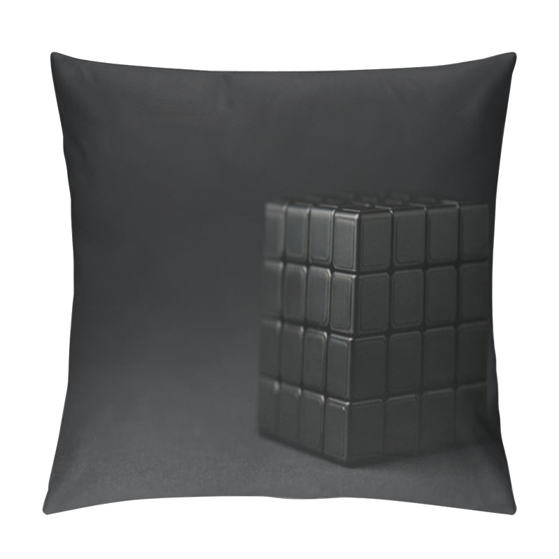 Personality  KYIV, UKRAINE - FEBRUARY 21, 2020: Selective Focus Of Dark Rubik Cube On Black With Copy Space  Pillow Covers