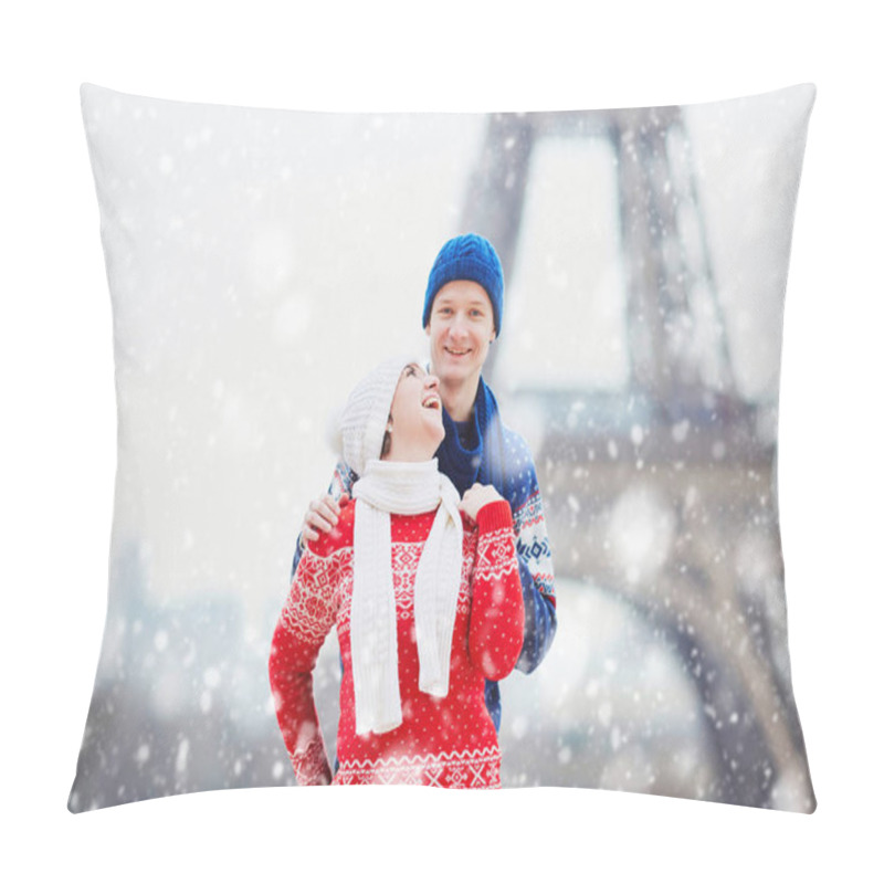 Personality  Happy Couple Near The Eiffel Tower On A Winter Day Under The Falling Snow. Trip To Paris During Season Holidays Pillow Covers