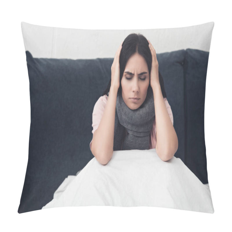 Personality  Sick Young Woman Sitting In Bed And Holding Head During Headache Pillow Covers