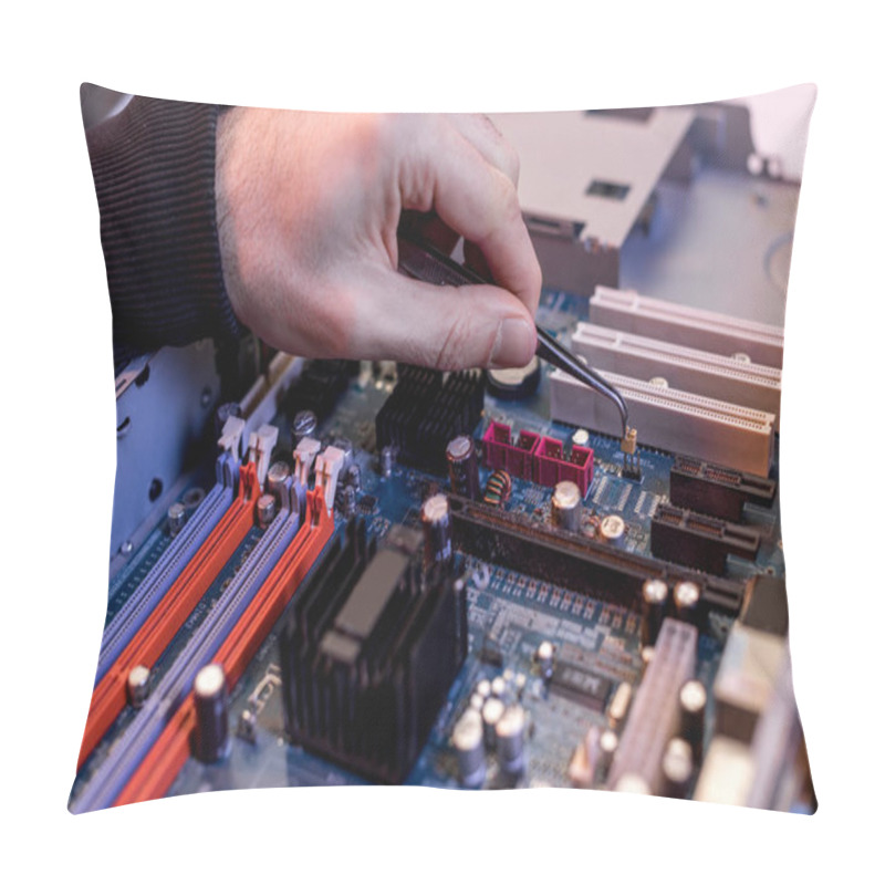 Personality  Cropped Image Of Hand With Tongs Adjusting Detail On Motherboard  Pillow Covers