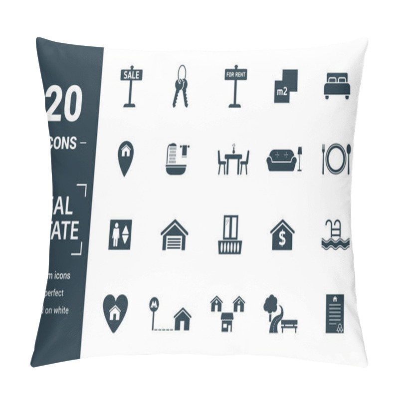 Personality  Real Estate Icon Set. Include Creative Elements For Sale, Rent Sign, House Location, Living Room, Elevator Icons. Can Be Used For Report, Presentation, Diagram, Web Design Pillow Covers