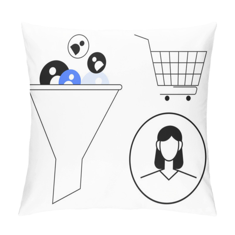 Personality  Visual Representation Of A Marketing Funnel With User Icons. Includes A Shopping Cart And A Profile Of A Person. Ideal For Marketing, Customer Conversion, E-commerce, Business Strategies, User Pillow Covers