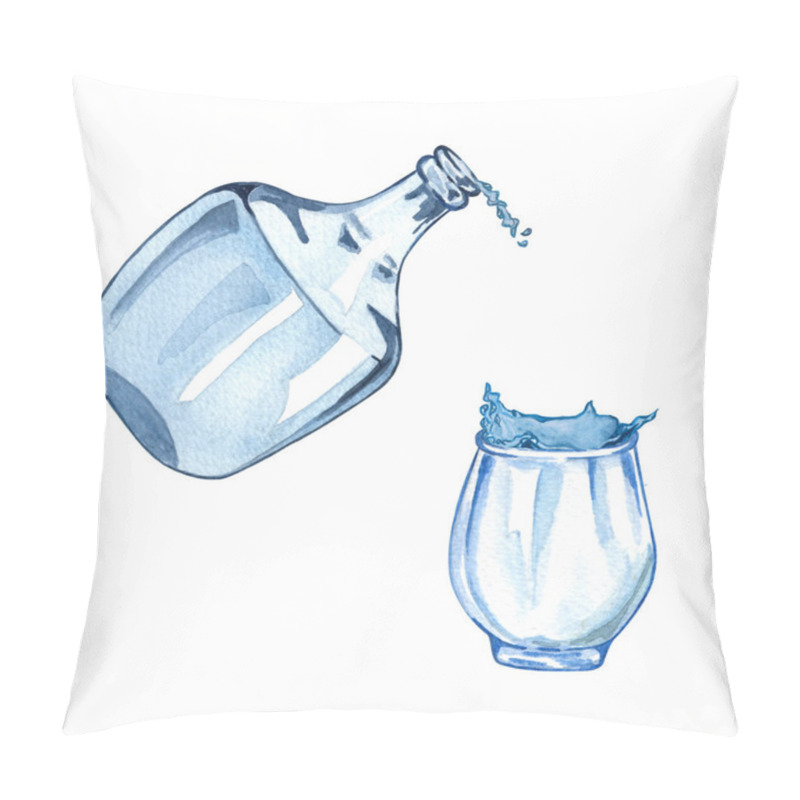 Personality  Watercolor Illustration Of Pouring Water Into A Cup From A Glass Bottle With A Splash Of Water. Hand Drawn Illustration Of Glass Bottle And Glass Cup.  Pillow Covers