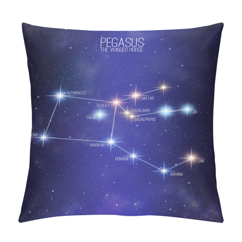 Personality  Pegasus The Winged Horse Constellation On A Starry Space Background With The Names Of Its Main Stars. Relative Sizes And Different Color Shades Based On The Spectral Star Type. Pillow Covers