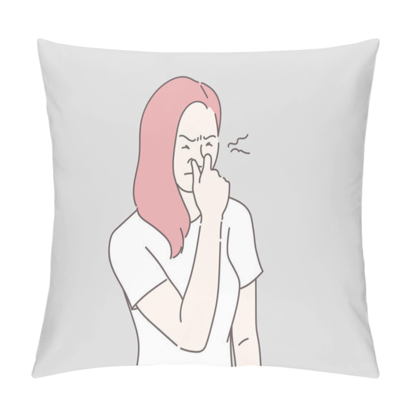 Personality  Young Woman With Disgust On Her Face Pinches Nose, Something Stinks, Very Bad Smell. Hand Drawn In Thin Line Style, Vector Illustrations. Pillow Covers